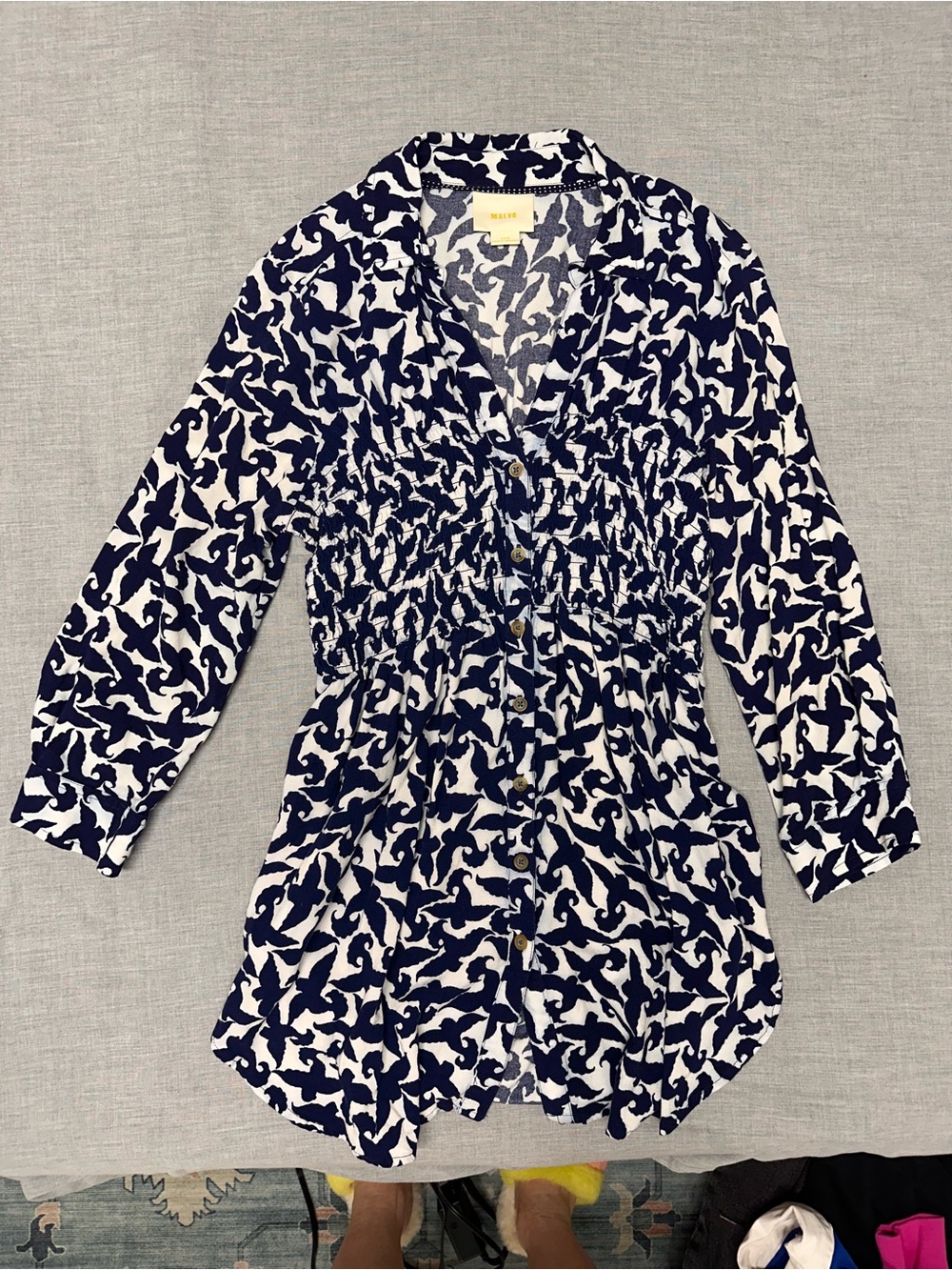 Maeve Navy & White Smocked-Waist Button-Front Tunic